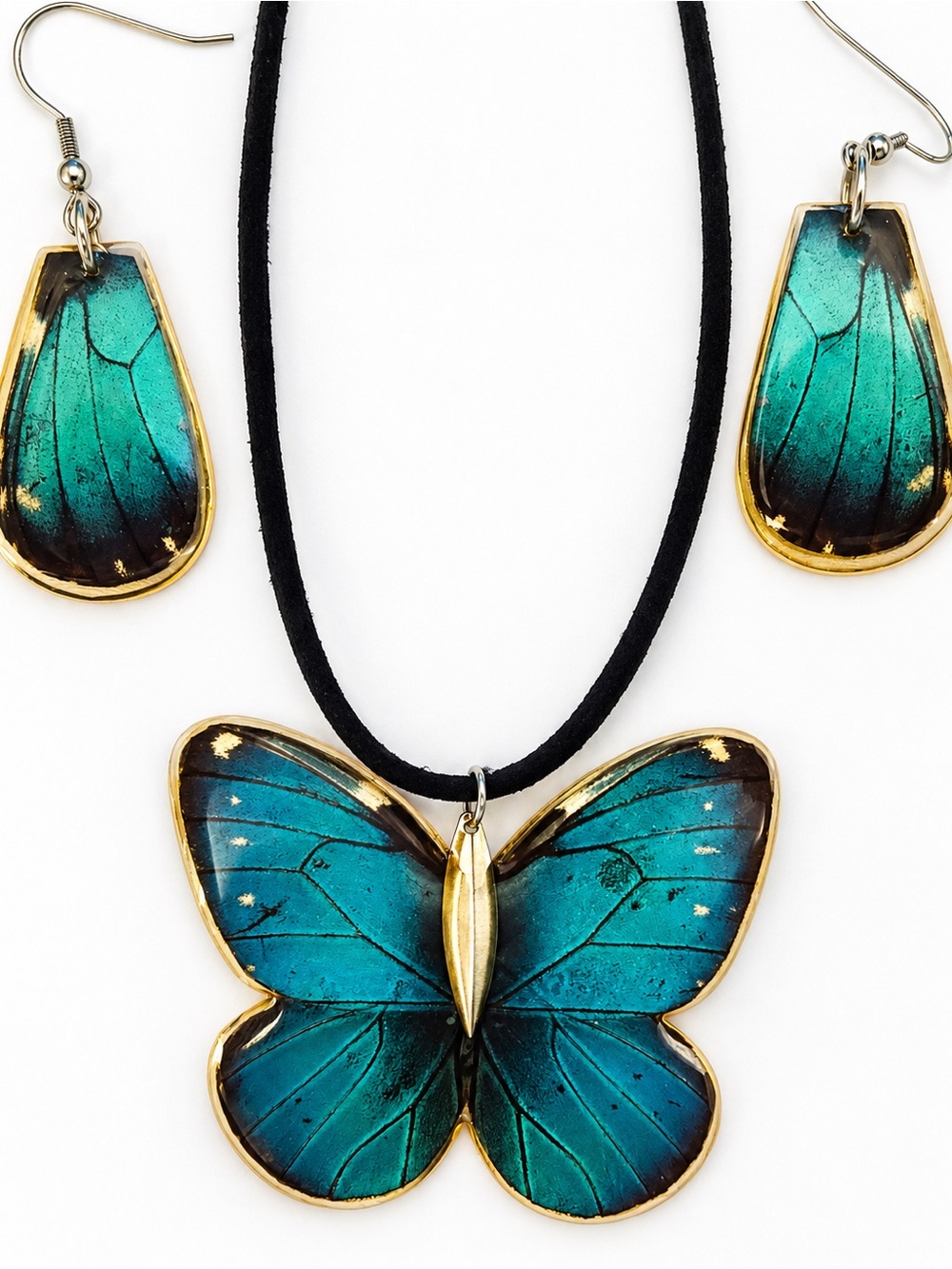 Blue Butterfly Pendant Necklace and Earrings Set - Women Jewelry